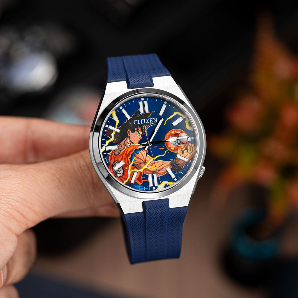 Citizen Tsuyosa Strap – Blue FKM strap fitted to a hand-painted Citizen Tsuyosa by IFL Watches, angled view in the hand