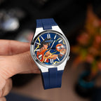 Citizen Tsuyosa Strap – Blue FKM strap fitted to a hand-painted Citizen Tsuyosa by IFL Watches, angled view in the hand