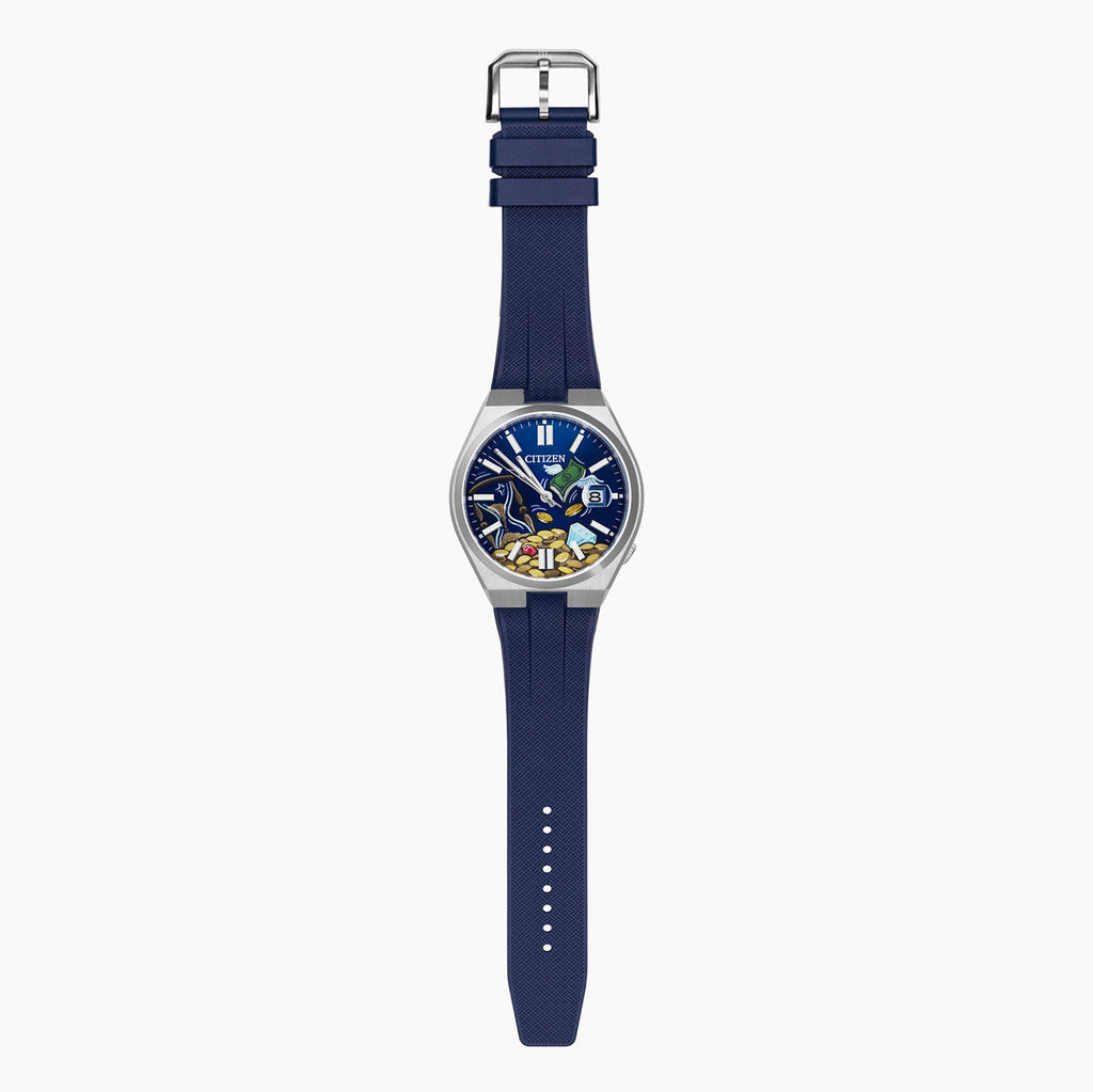 Citizen Tsuyosa Strap – Blue FKM strap fitted to the hand-painted Time Is Money Concept by IFL Watches