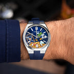 Citizen Tsuyosa Strap – Blue FKM strap worn on the wrist with the hand-painted Time Is Money Concept by IFL Watches