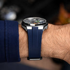 Citizen Tsuyosa Strap – Blue FKM strap seen from the side, meeting the case of the hand-painted Time Is Money Concept by IFL Watches