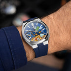Citizen Tsuyosa Strap – Blue FKM strap shown at an angle on the wrist with the hand-painted Time Is Money Concept by IFL Watches