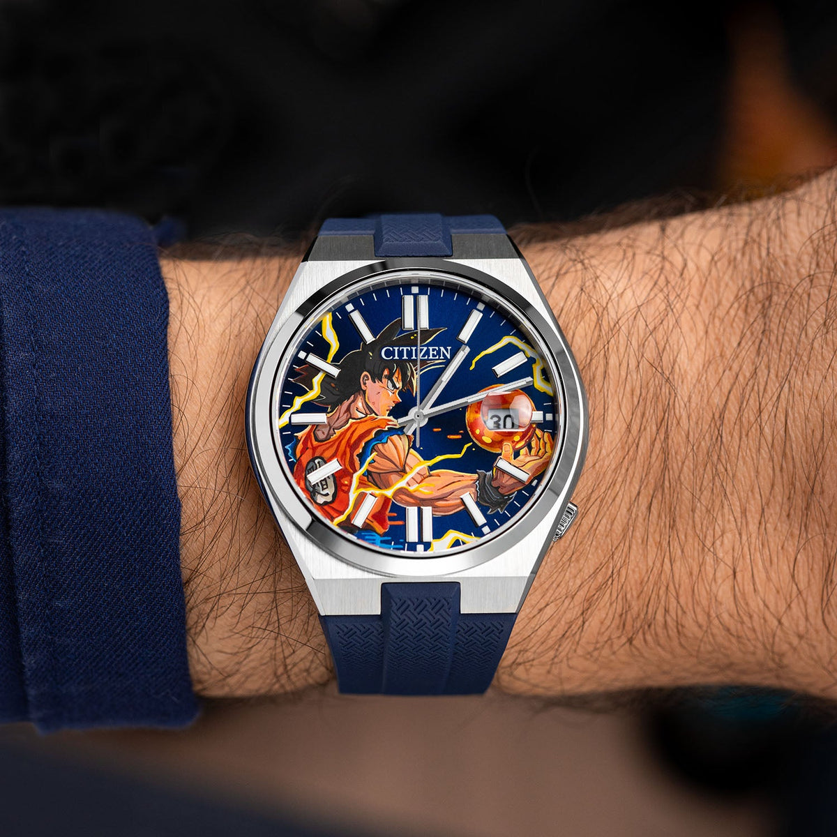 Citizen Tsuyosa Strap – Blue FKM strap worn on the wrist with a hand-painted Citizen Tsuyosa by IFL Watches
