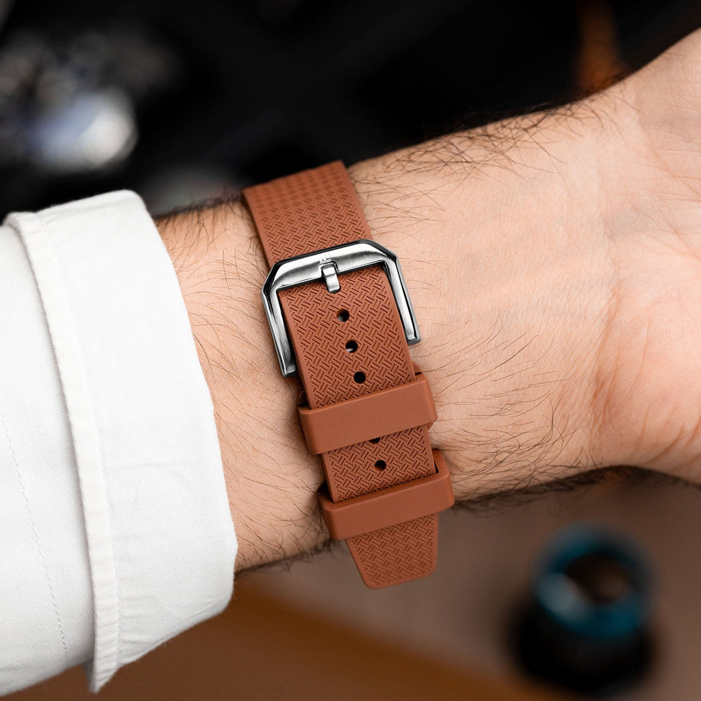 Citizen Tsuyosa Strap – Brown FKM strap detail showing the pin buckle on the wrist