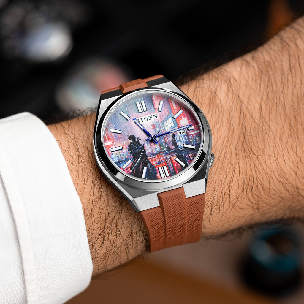Citizen Tsuyosa Strap – Brown FKM strap shown at an angle on the wrist with the hand-painted Tsuyosa Osaka Concept by IFL Watches