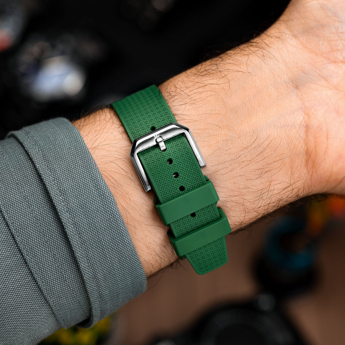 Citizen Tsuyosa Strap – Green FKM strap detail showing the pin buckle on the wrist