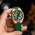 Citizen Tsuyosa Strap – Green FKM strap on the hand-painted Future Fury Concept by IFL Watches, held in the hand