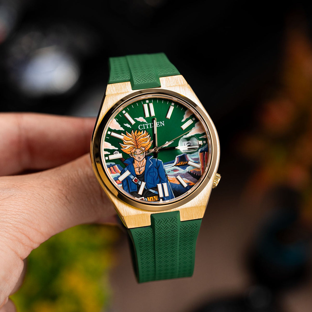 Citizen Tsuyosa Strap – Green FKM strap fitted to the hand-painted Future Fury Concept by IFL Watches, angled view in the hand