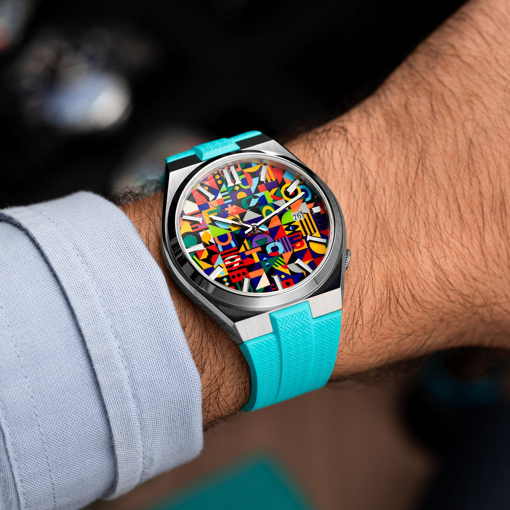 Citizen Tsuyosa Strap – Tiffany FKM strap shown at an angle on the wrist with a hand-painted Citizen Tsuyosa by IFL Watches