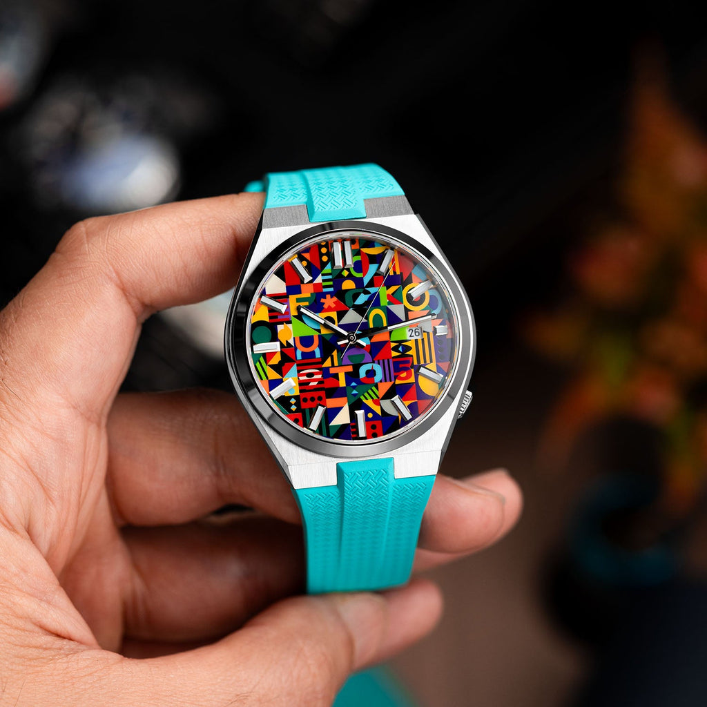 Citizen Tsuyosa Strap – Tiffany FKM strap on a hand-painted Citizen Tsuyosa by IFL Watches, held in the hand
