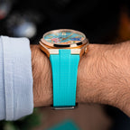 Citizen Tsuyosa Strap – Tiffany FKM strap seen from the side, meeting the case of the hand-painted Citizen Tsuyosa Dive in Time by IFL Watches