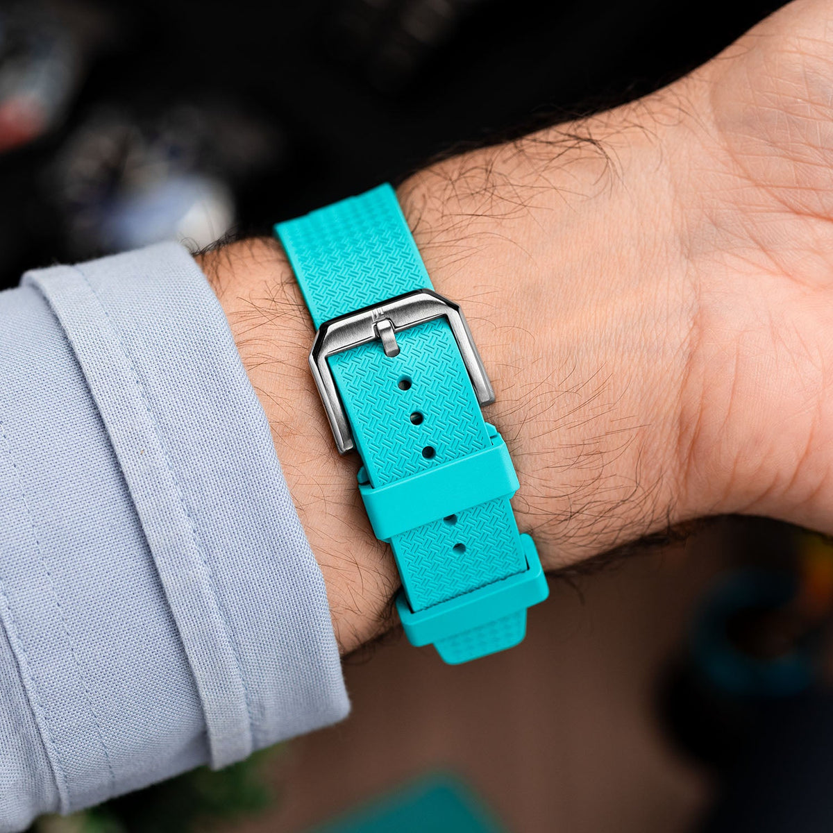 Citizen Tsuyosa Strap – Tiffany FKM strap detail showing the pin buckle on the wrist