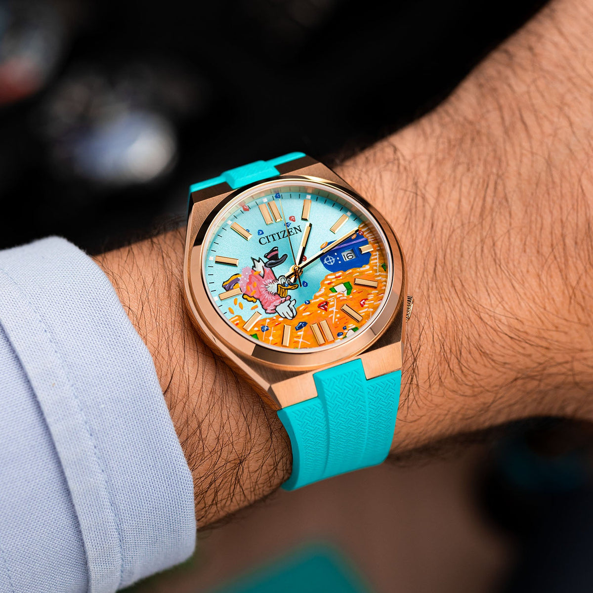 Citizen Tsuyosa Strap – Tiffany FKM strap shown at an angle on the wrist with the hand-painted Citizen Tsuyosa Dive in Time by IFL Watches