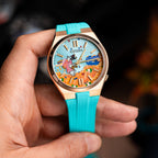 Citizen Tsuyosa Strap – Tiffany FKM strap on the hand-painted Citizen Tsuyosa Dive in Time by IFL Watches, held in the hand
