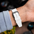 Citizen Tsuyosa Strap – White FKM strap detail showing the pin buckle on the wrist