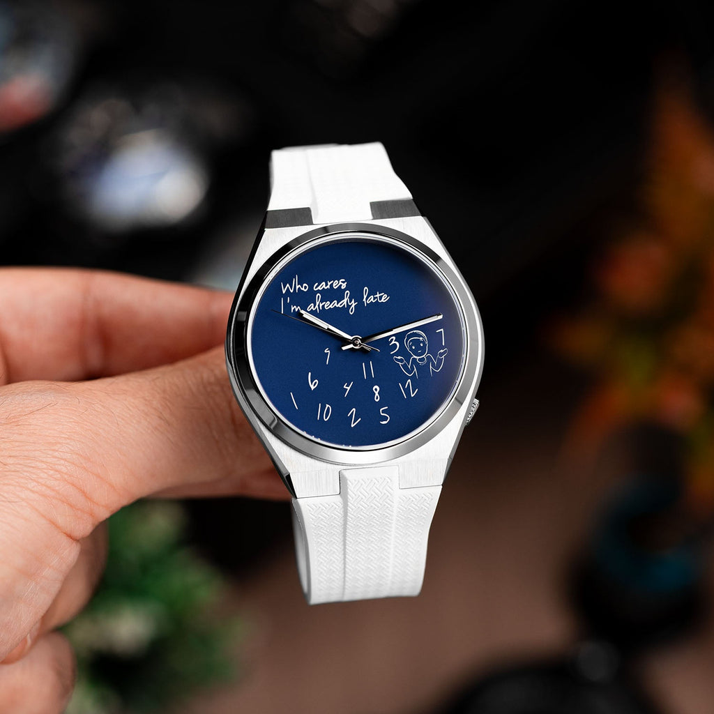 Citizen Tsuyosa Strap – White FKM strap fitted to the hand-painted Tsuyosa Who Cares Concept by IFL Watches, angled view in the hand