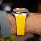 Citizen Tsuyosa Strap – Yellow FKM strap seen from the side, meeting the case of the hand-painted Wise Guys Concept by IFL Watches