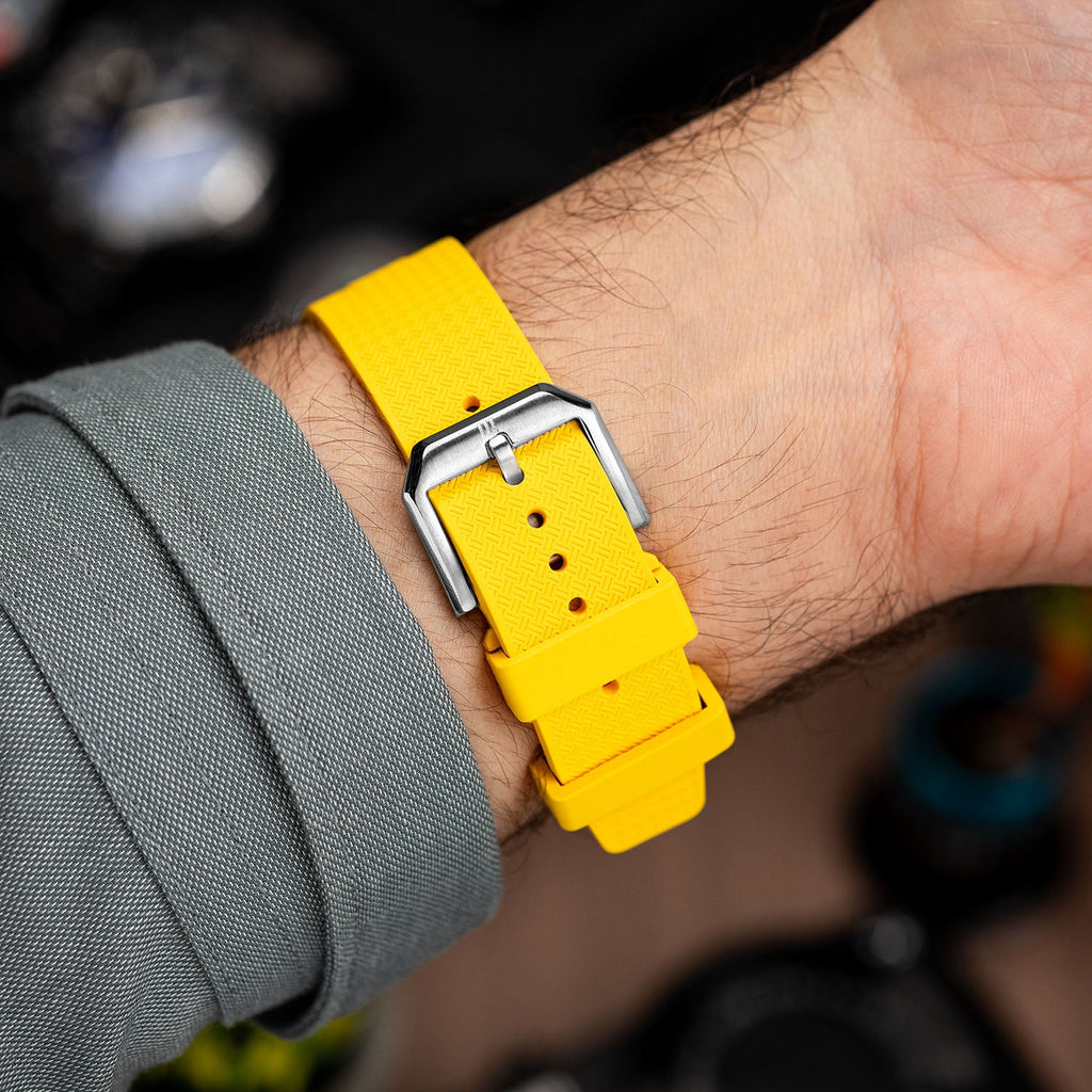 Citizen Tsuyosa Strap – Yellow FKM strap detail showing the pin buckle on the wrist