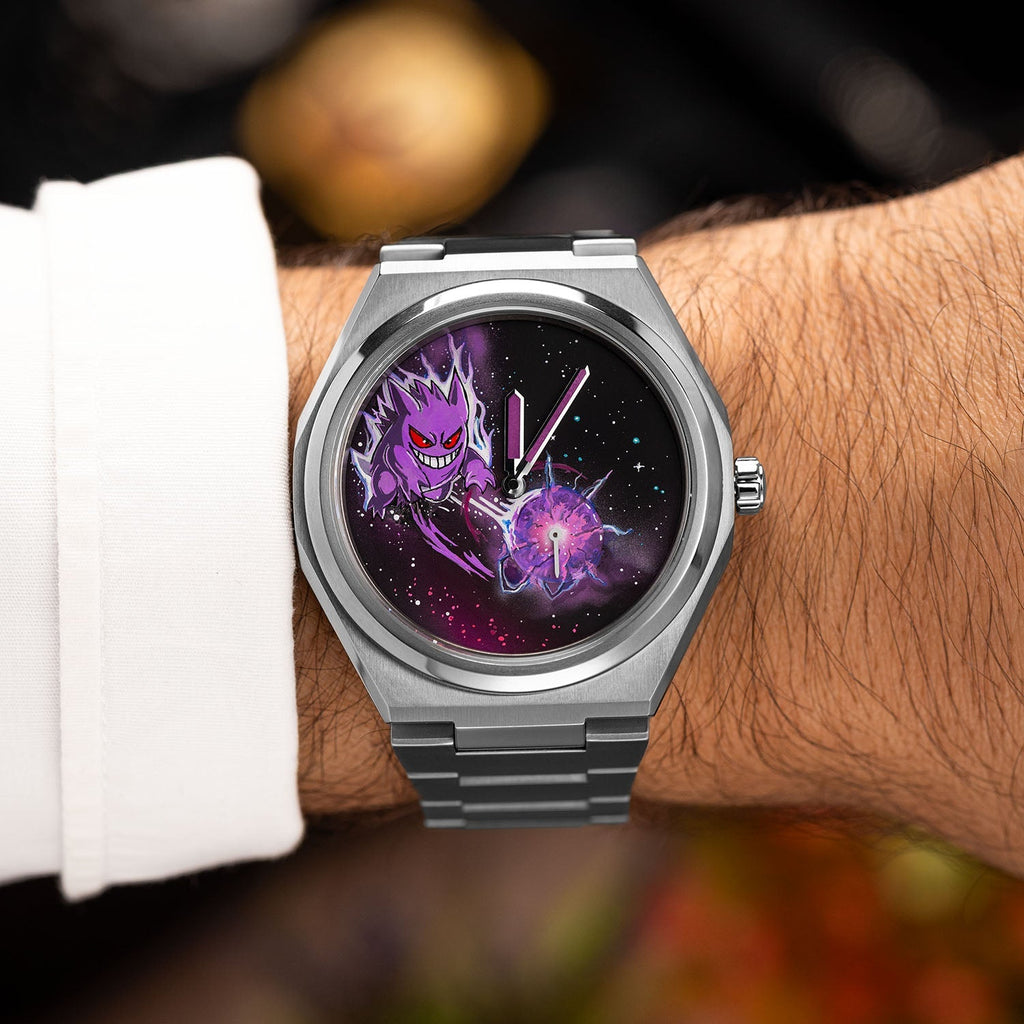 Defiant Shadow Concept — Bespoke Citizen Zenshin on the wrist, hand-painted nebula in violet and magenta behind a grinning shadow creature, by IFL Watches.