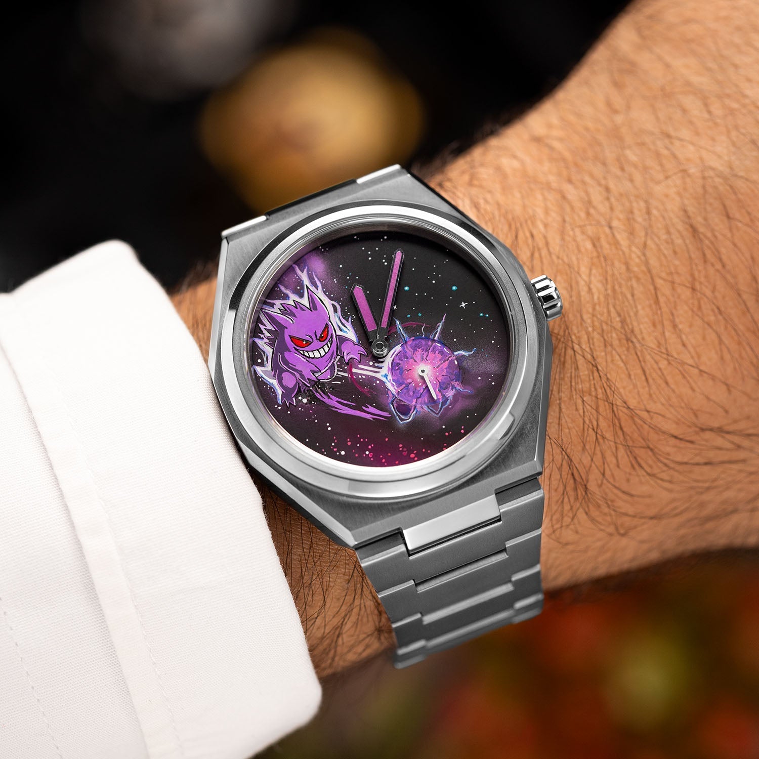 Defiant Shadow Concept — Hand-painted custom dial angled on the wrist, glowing sphere of energy beside the small seconds, a bespoke timepiece by IFL Watches.