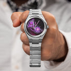 Defiant Shadow Concept — Custom hand-painted Citizen Zenshin held in the hand, violet spirit mid-attack across a starfield, a bespoke timepiece by IFL Watches.