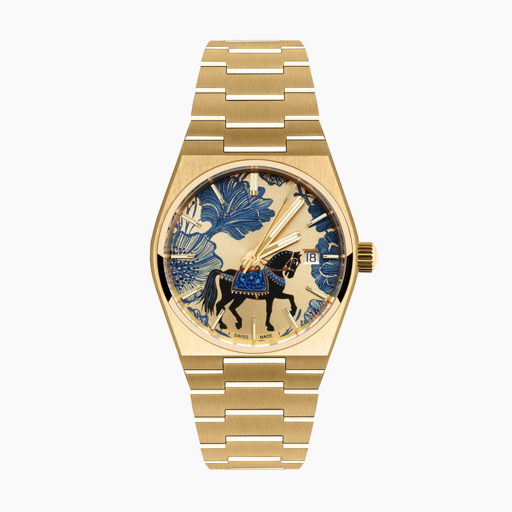 Equestrian Concept – Hand-painted bespoke timepiece featuring equestrian artwork on gold PVD-coated case