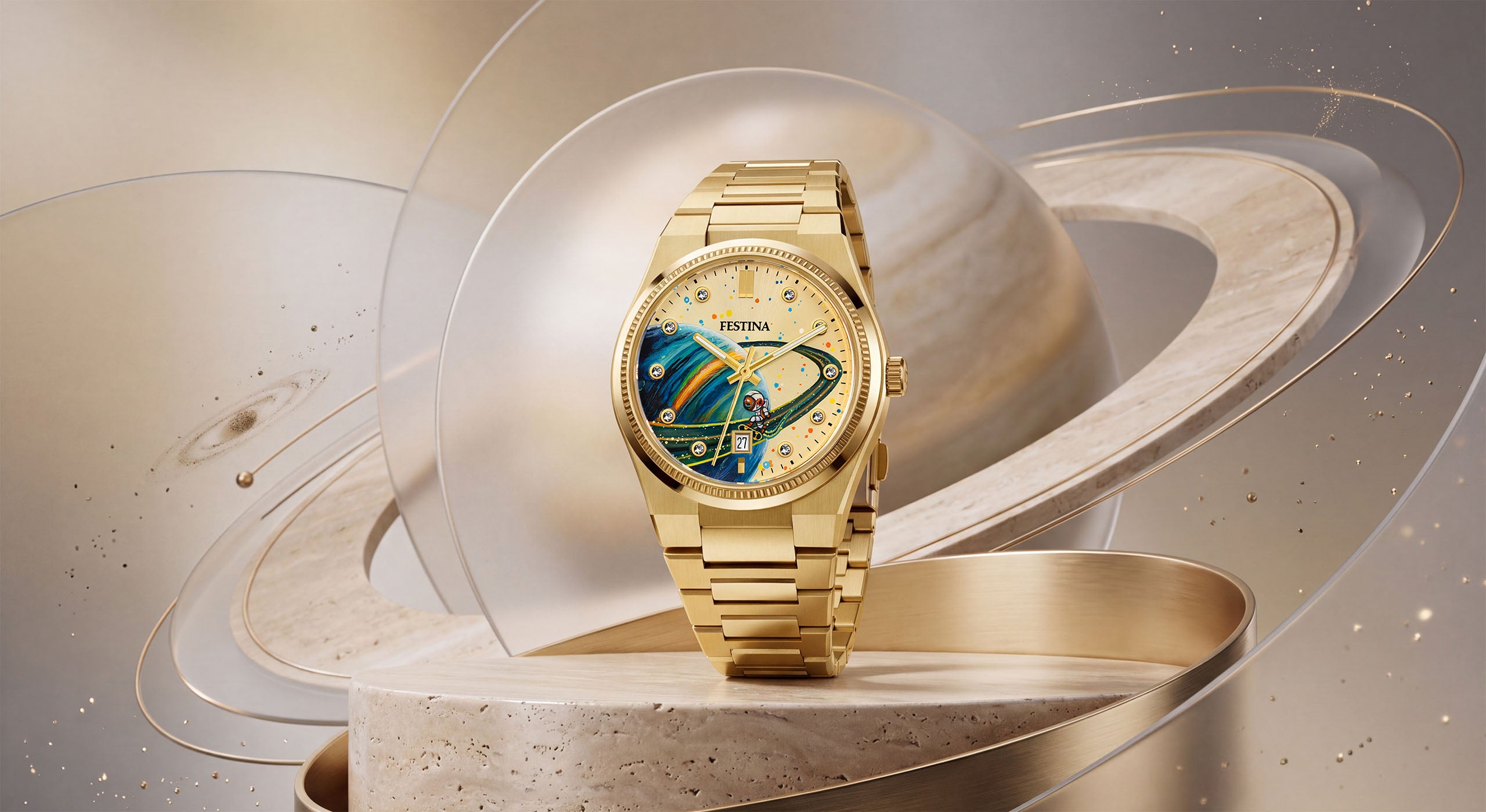 Festina Rive Space Ollie — Hand-painted custom dial where an astronaut rides the rings of a distant planet against a gold sunburst, on a 40mm Swiss quartz watch with fluted bezel, a bespoke timepiece by IFL Watches.

