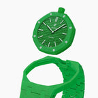 Green Eight Swatch × AP Royal Pop Ceramic Case-Strap — case and strap shown separately above the Royal Pop, by IFL Watches