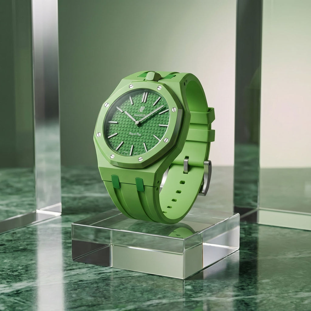 Green Eight Swatch × AP Royal Pop Rubber Case-Strap — rich green kit with the Royal Pop seated in the case, studio still life on a glass block, by IFL Watches