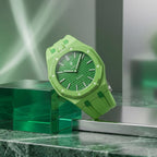 Green Eight Swatch × AP Royal Pop Rubber Case-Strap — rich green kit with the Royal Pop seated in the case, studio still life on green marble, by IFL Watches