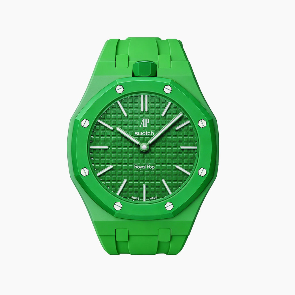 Green Eight Swatch × AP Royal Pop Rubber Case-Strap — rich green kit with the Royal Pop head seated in the case, by IFL Watches