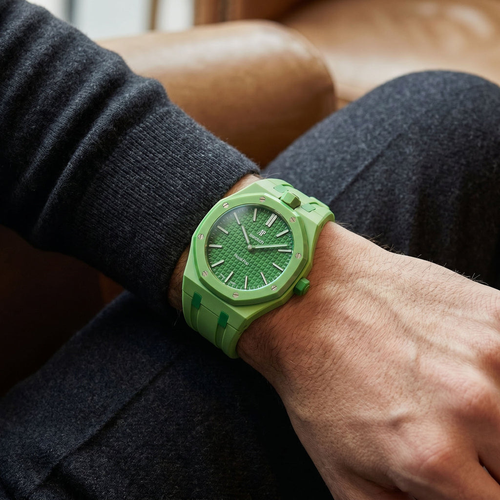 Green Eight Swatch × AP Royal Pop Rubber Case-Strap — worn in a lounge scene, by IFL Watches