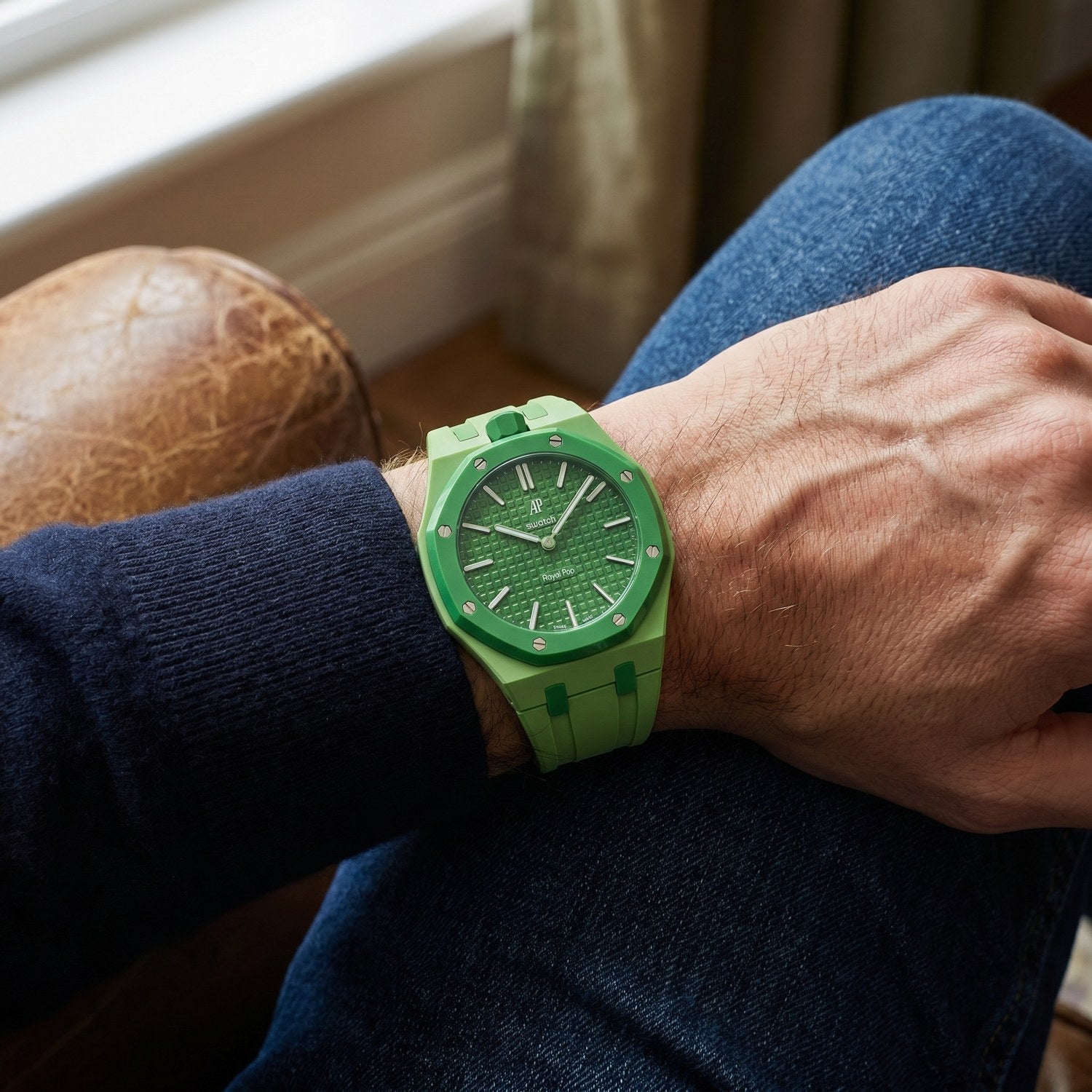 Green Eight Swatch × AP Royal Pop Rubber Case-Strap — worn in a lounge scene, by IFL Watches