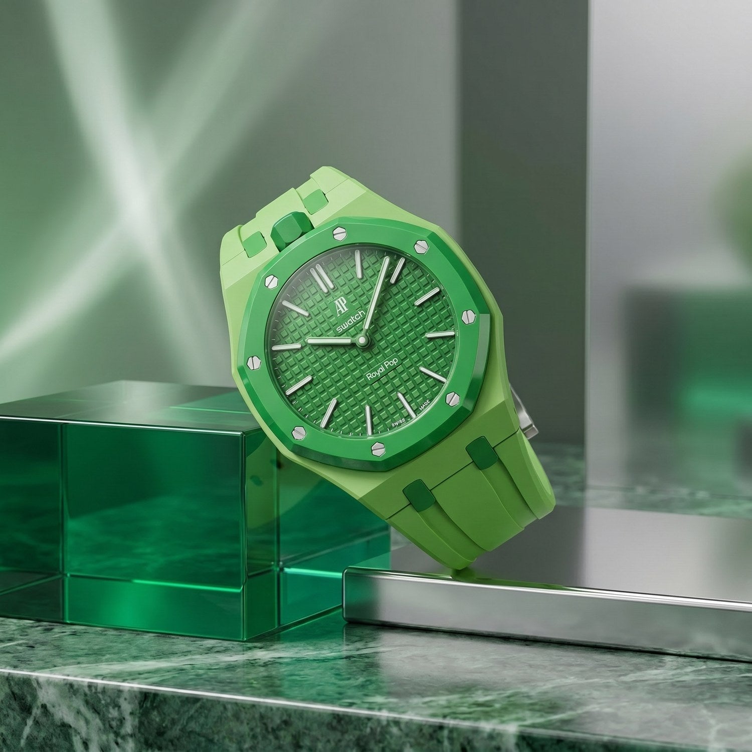 Green Eight Swatch × AP Royal Pop Rubber Case-Strap — worn in a tabletop scene, by IFL Watches