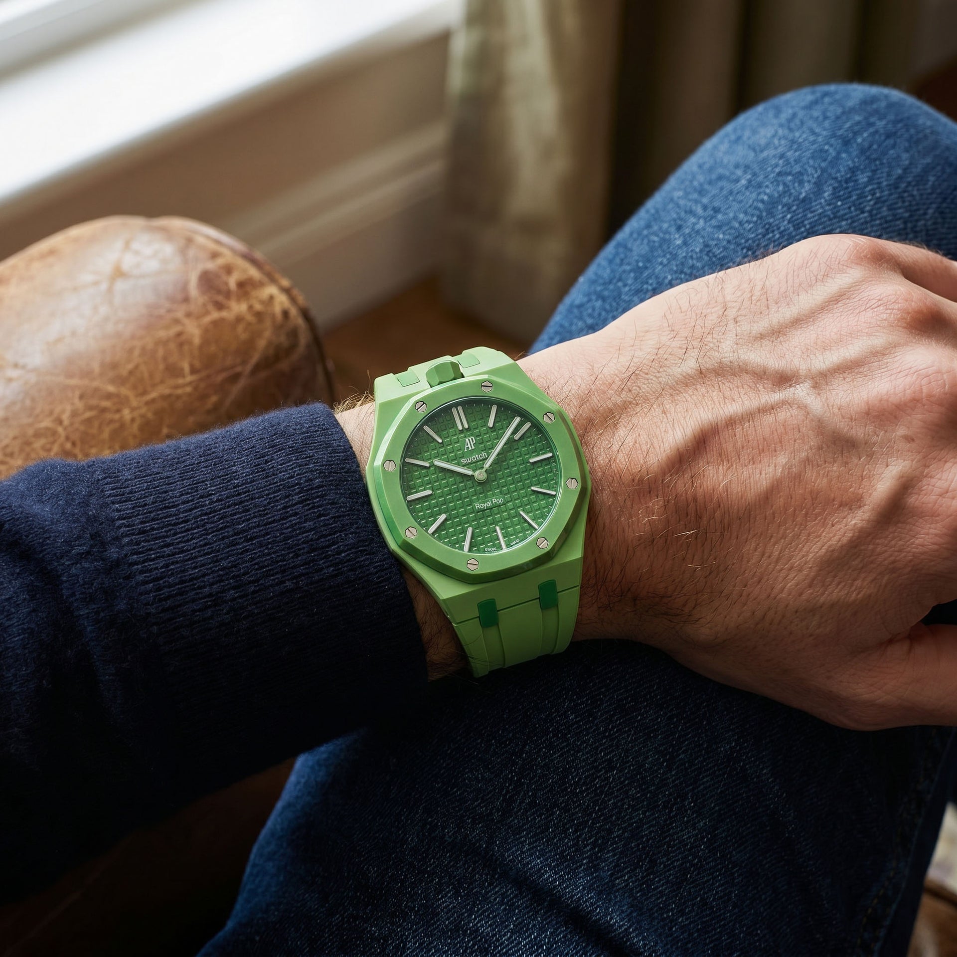 Green Eight Swatch × AP Royal Pop Rubber Case-Strap — worn in an everyday scene, by IFL Watches