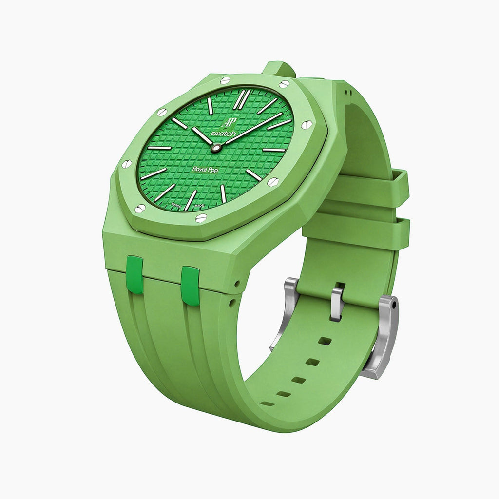 Green Eight Swatch × AP Royal Pop Rubber Case-Strap — bare rich green rubber strap with empty case bracket, by IFL Watches