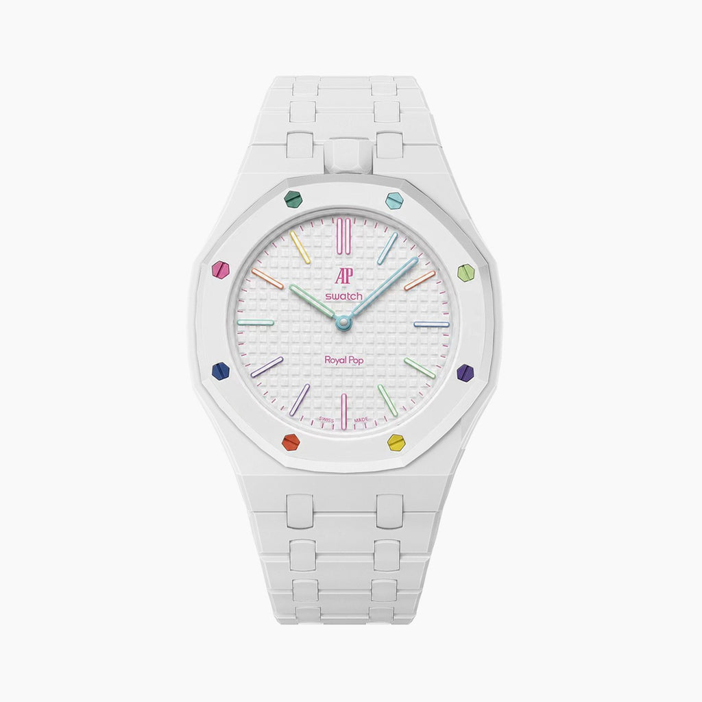 Huit Blanc Swatch × AP Royal Pop Ceramic Case-Strap — crisp white kit with the Royal Pop head seated in the case, by IFL Watches