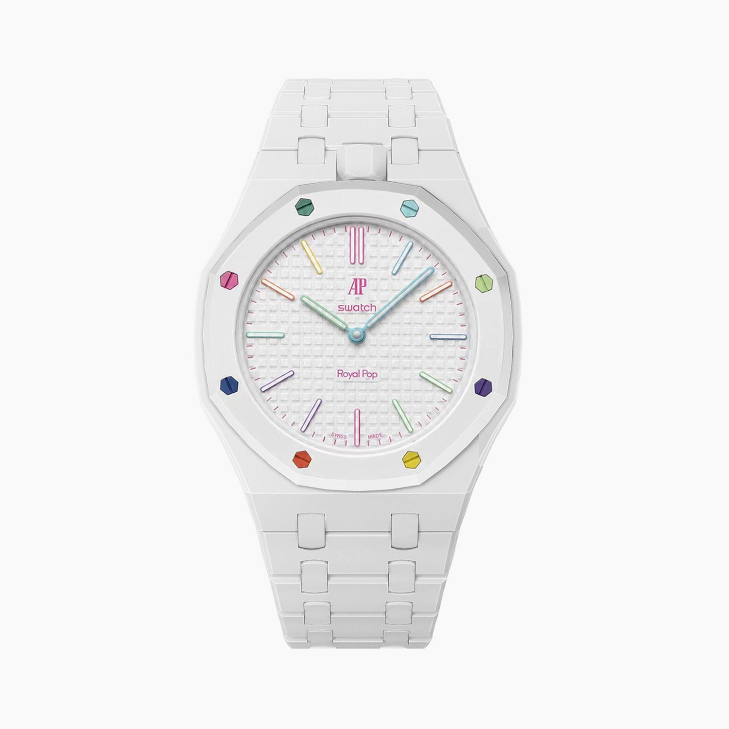 Huit Blanc Swatch × AP Royal Pop Ceramic Case-Strap — crisp white kit with the Royal Pop head seated in the case, by IFL Watches