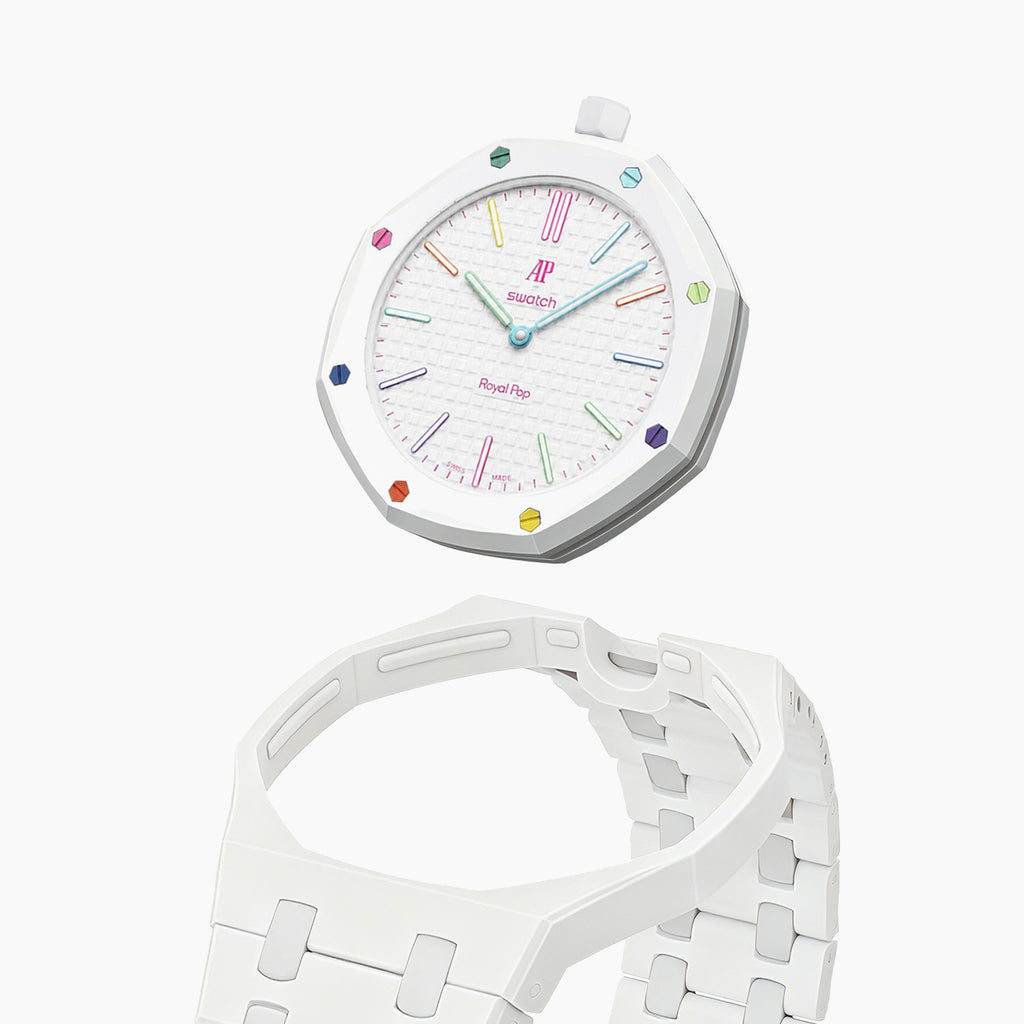 Huit Blanc Swatch × AP Royal Pop Ceramic Case-Strap — case and strap shown separately above the Royal Pop, by IFL Watches