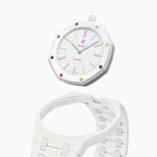 Huit Blanc Swatch × AP Royal Pop Ceramic Case-Strap — case and strap shown separately above the Royal Pop, by IFL Watches