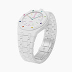Huit Blanc Swatch × AP Royal Pop Ceramic Case-Strap — the Royal Pop Huit Blanc seated in our ceramic kit, three-quarter view, by IFL Watches