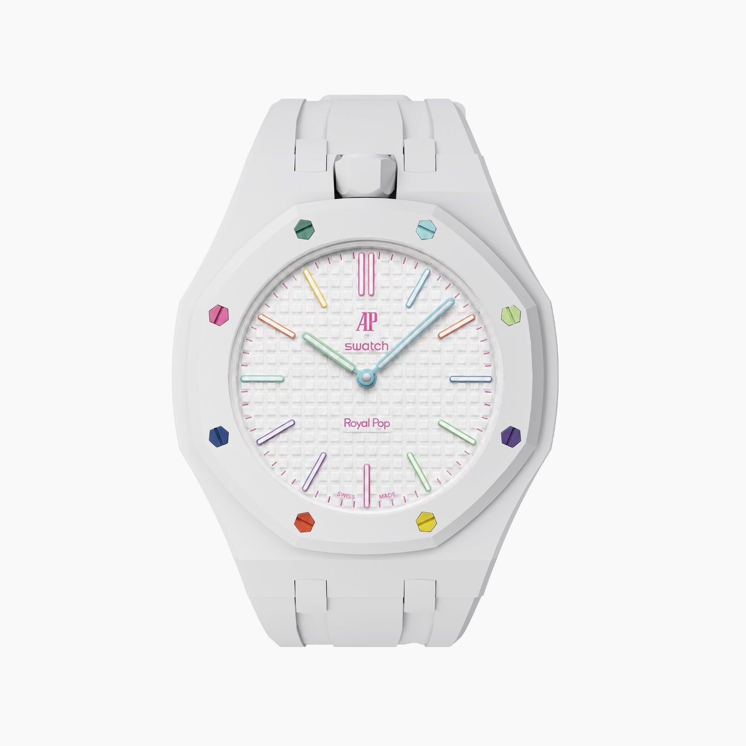 Huit Blanc Swatch × AP Royal Pop Rubber Case-Strap — crisp white kit with the Royal Pop head seated in the case, by IFL Watches