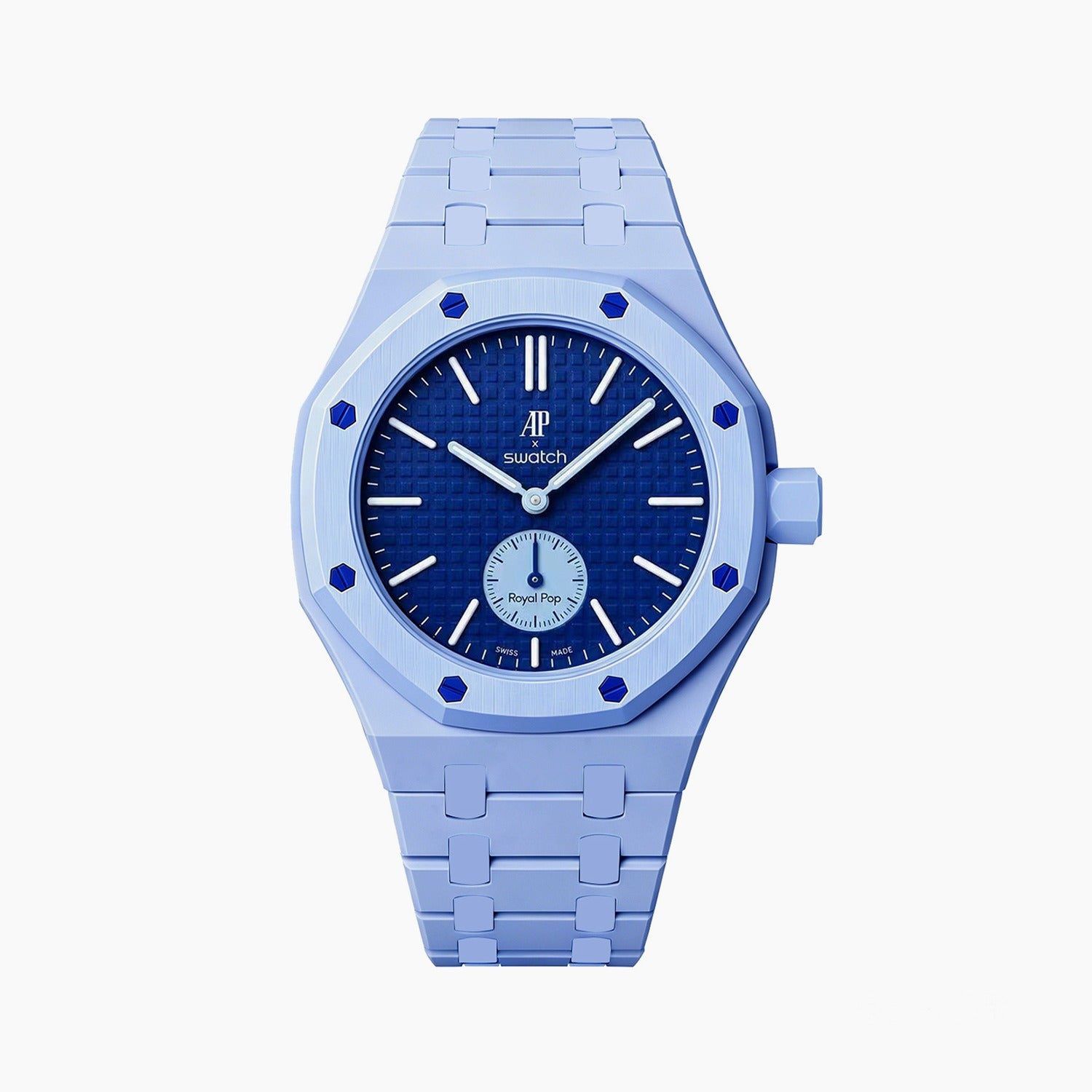 Lan Ba Swatch × AP Royal Pop Ceramic Case-Strap — blue with light-blue accents kit with the Royal Pop head seated in the case, by IFL Watches