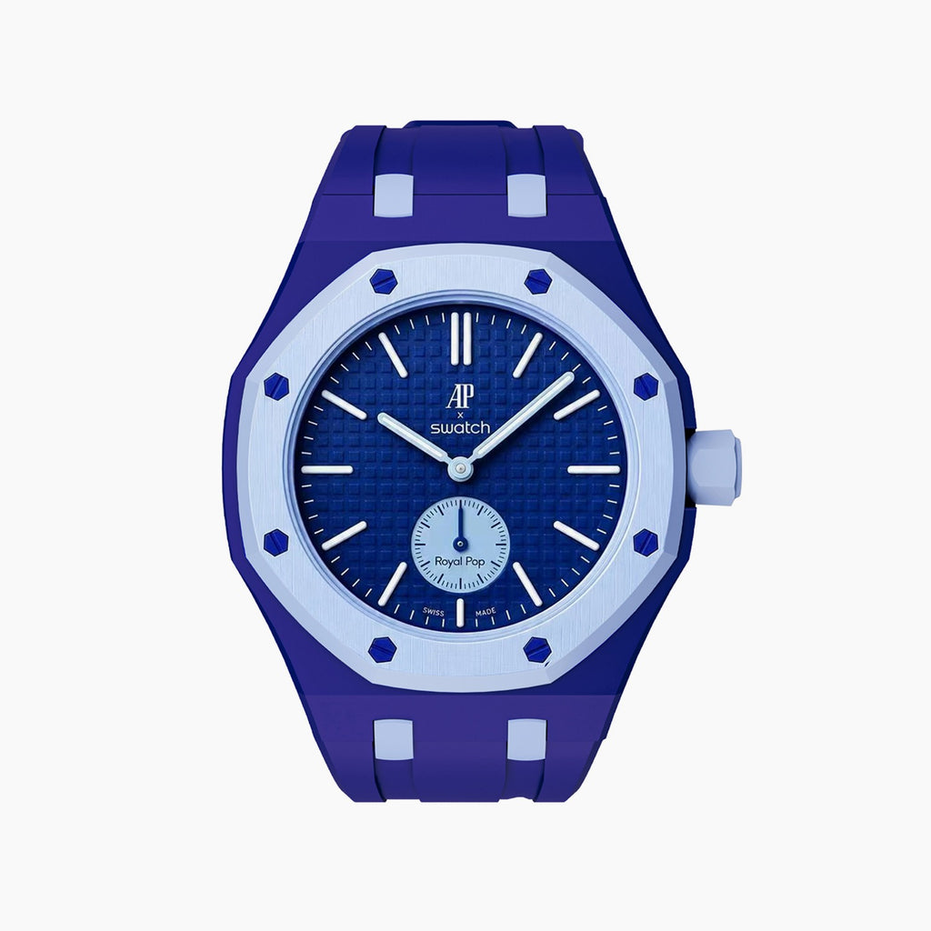 Lan Ba Swatch × AP Royal Pop Rubber Case-Strap — blue with light-blue accents kit with the Royal Pop head seated in the case, by IFL Watches