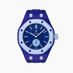 Lan Ba Swatch × AP Royal Pop Rubber Case-Strap — blue with light-blue accents kit with the Royal Pop head seated in the case, by IFL Watches