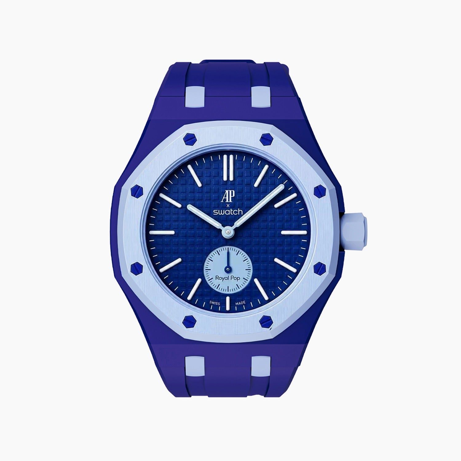 Lan Ba Swatch × AP Royal Pop Rubber Case-Strap — blue with light-blue accents kit with the Royal Pop head seated in the case, by IFL Watches