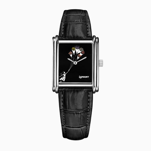Laphont Bloc Bouquella — Hand-painted custom Laphont Bloc featuring a girl in white carried skyward by a bunch of bouquets on a glossy black dial, with black croc-embossed strap, a limited edition bespoke timepiece by IFL Watches