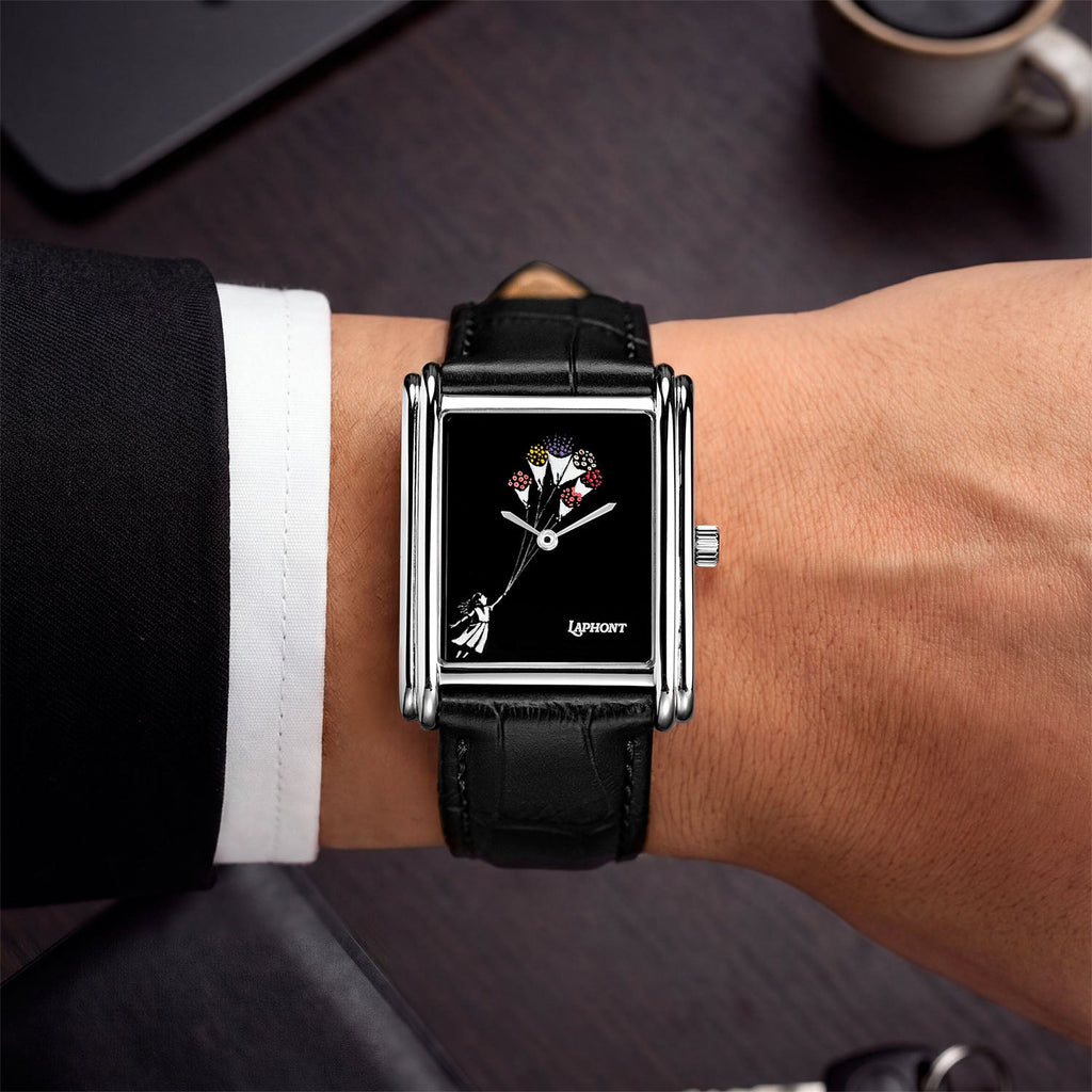 Laphont Bloc Bouquella — Seen from above on the wrist, a white shirt cuff and dark sleeve framing the black croc-embossed strap and stepped steel case, a custom limited edition watch by IFL Watches