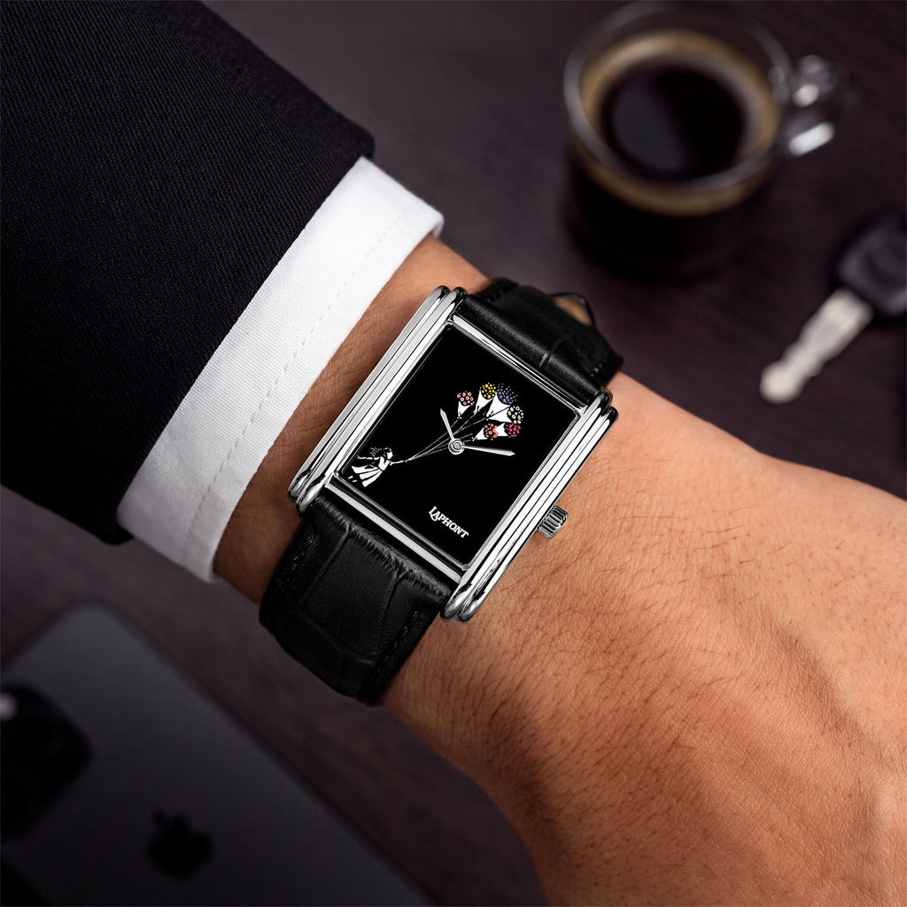 Laphont Bloc Bouquella — Worn over a dark desk beside an espresso and a set of car keys, the girl and her bouquets bright against the black dial, a hand-painted limited edition timepiece by IFL Watches