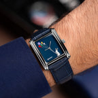 Laphont Bloc Skybound — Turned toward the light on the wrist, the polished, stepped sides of the steel tank framing the hand-painted navy dial, a limited edition custom timepiece by IFL Watches